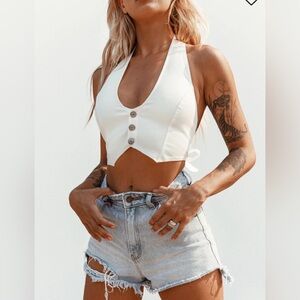 Princess Polly Stretch Denim Halter Top White SZ 4